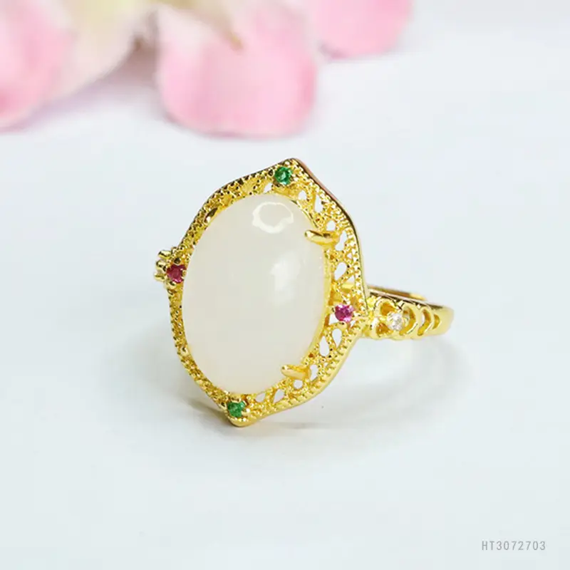White Jade Cabochon Ring with Gold Plating - Image 3