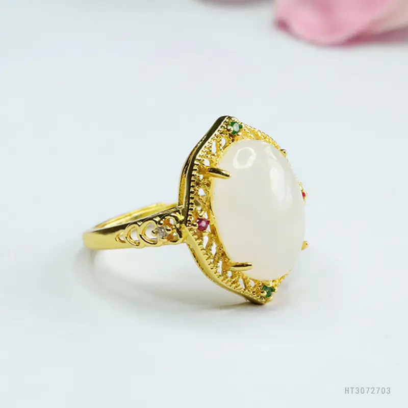 White Jade Cabochon Ring with Gold Plating - Image 4