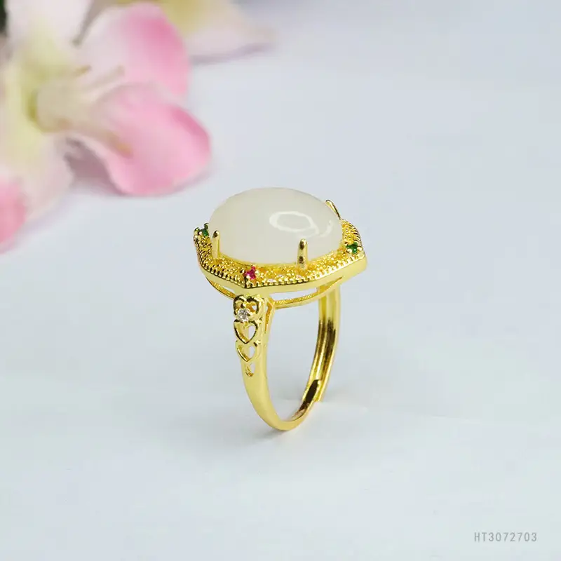 White Jade Cabochon Ring with Gold Plating - Image 5