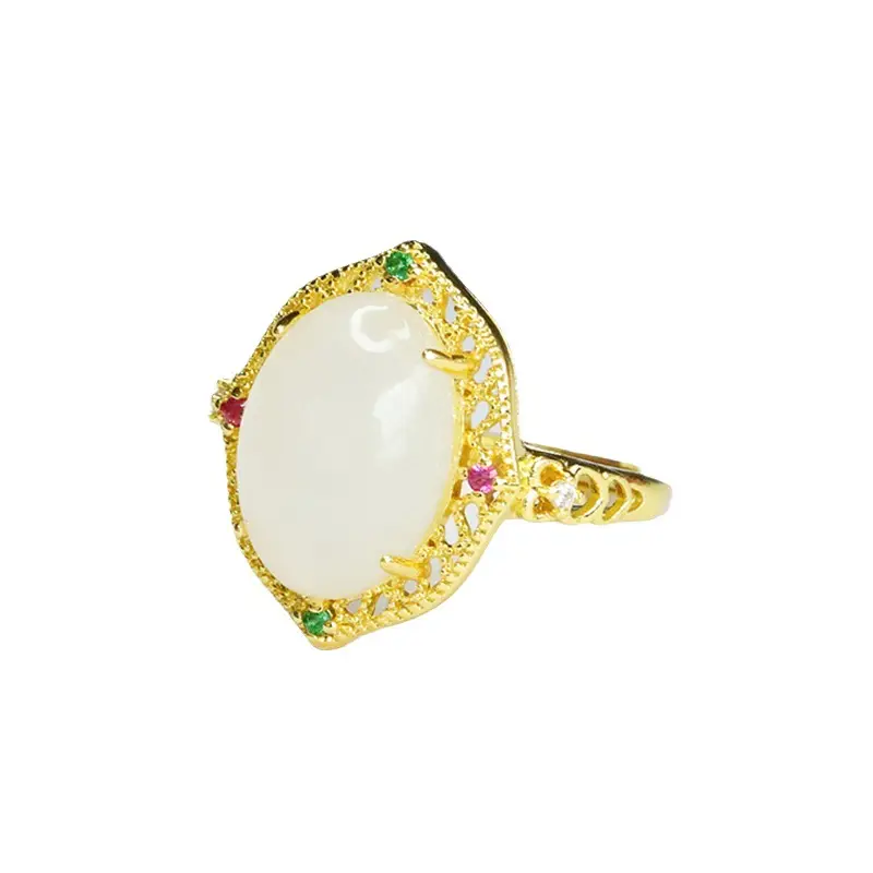 White Jade Cabochon Ring with Gold Plating - Image 6