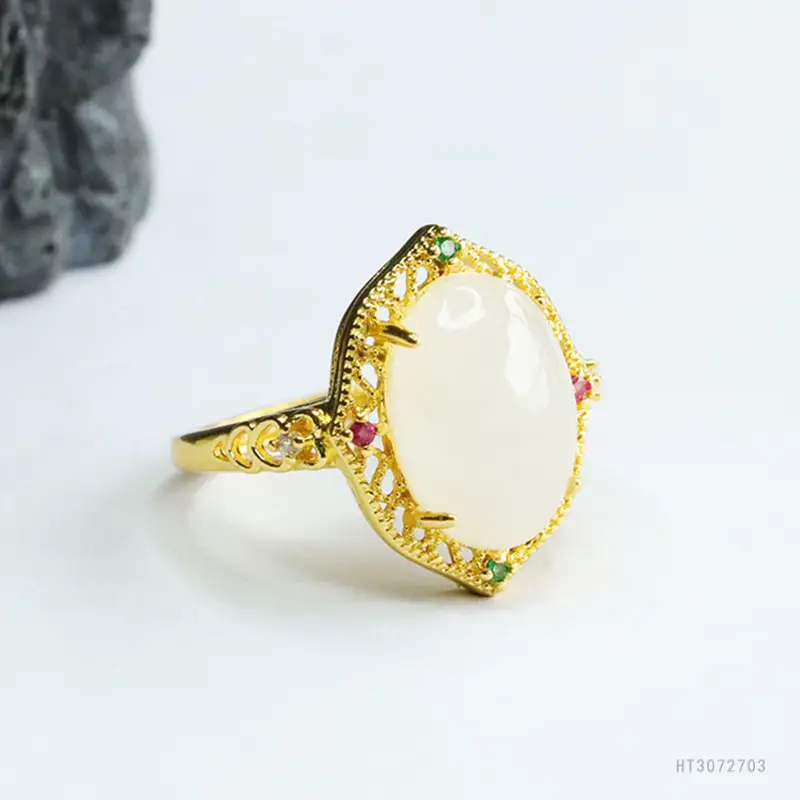White Jade Cabochon Ring with Gold Plating — feature 10