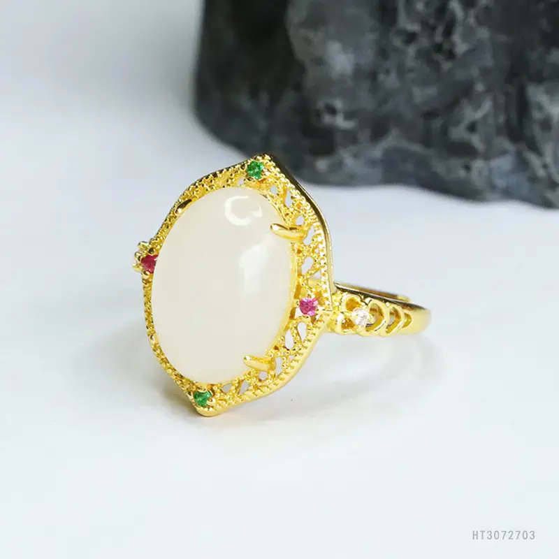 White Jade Cabochon Ring with Gold Plating — feature 11