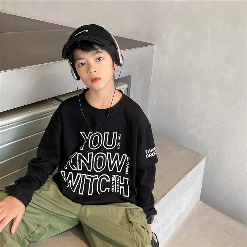 Kids Korean Style Long Sleeve T-Shirt Black 2026 Spring Autumn - Image 2