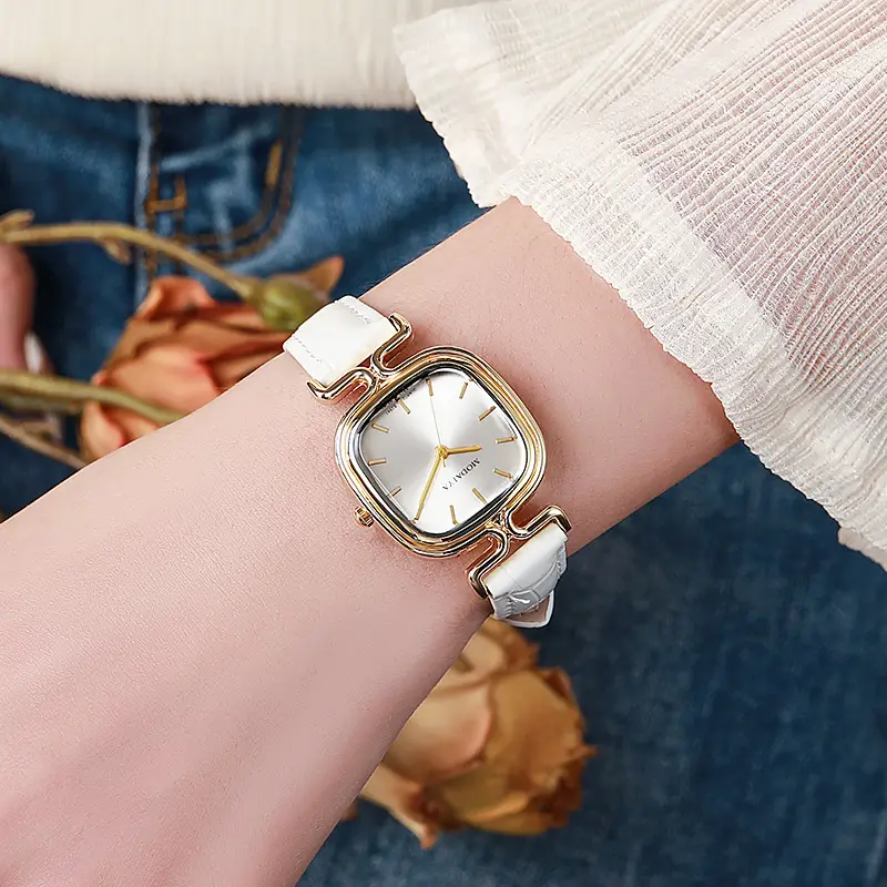 Women's Square Watch with Leather Strap & Gold Plated Dial — feature 5
