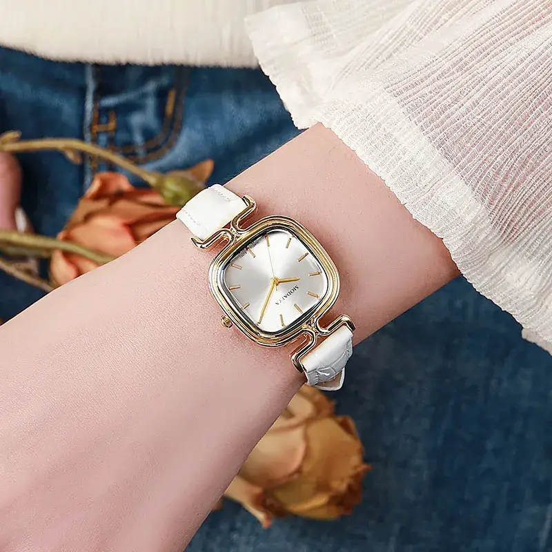 Women's Square Watch with Leather Strap & Gold Plated Dial - Image 2