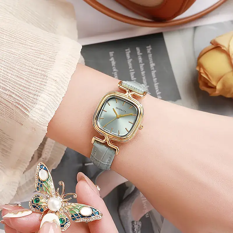 Women's Square Watch with Leather Strap & Gold Plated Dial - Image 5