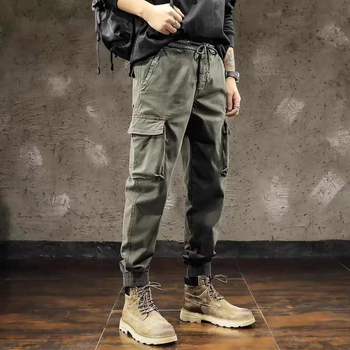 Men Black Tactical Ankle-Tied Pants with Thick Additive - Image 2