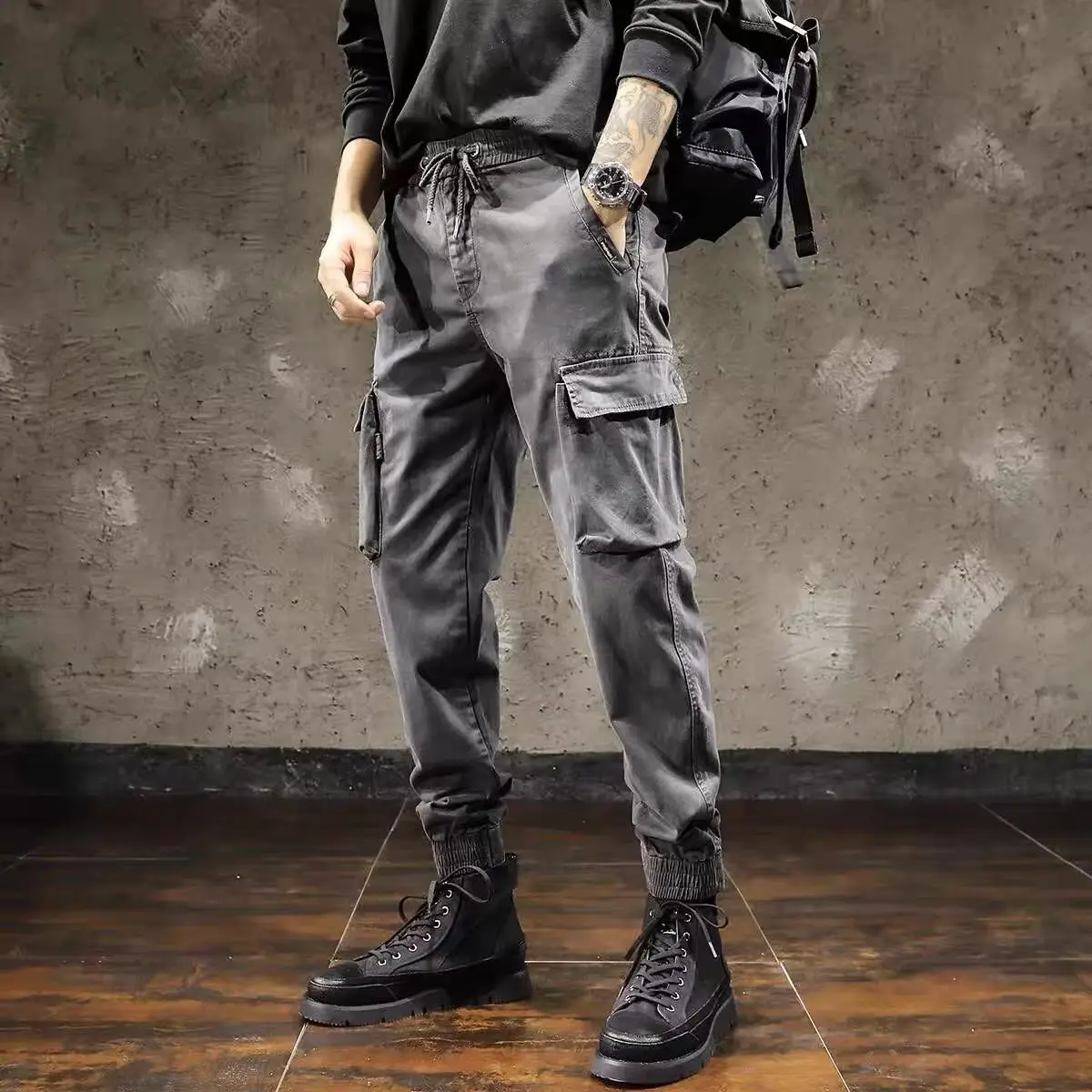 Men Black Tactical Ankle-Tied Pants with Thick Additive - Image 3