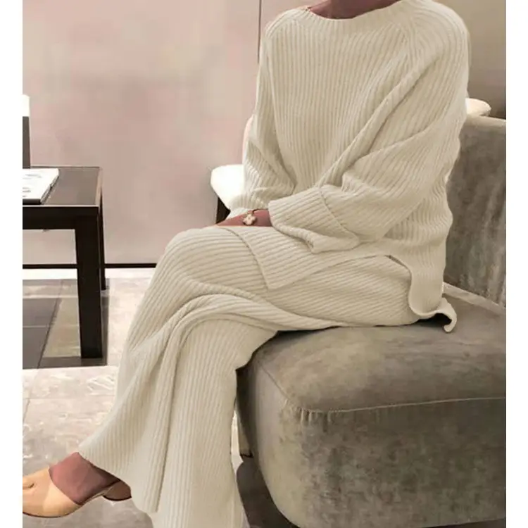 European and American Women's Clothing 2025 Autumn and Winter Amazon Best-Selling Long-Sleeved Solid Color Knitted Casual Two-Piece Knitted Sweater Set