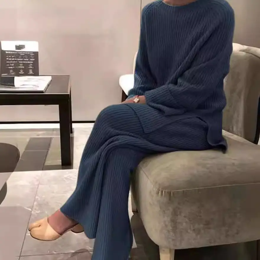 European and American Women's Clothing 2025 Autumn and Winter Amazon Best-Selling Long-Sleeved Solid Color Knitted Casual Two-Piece Knitted Sweater Set