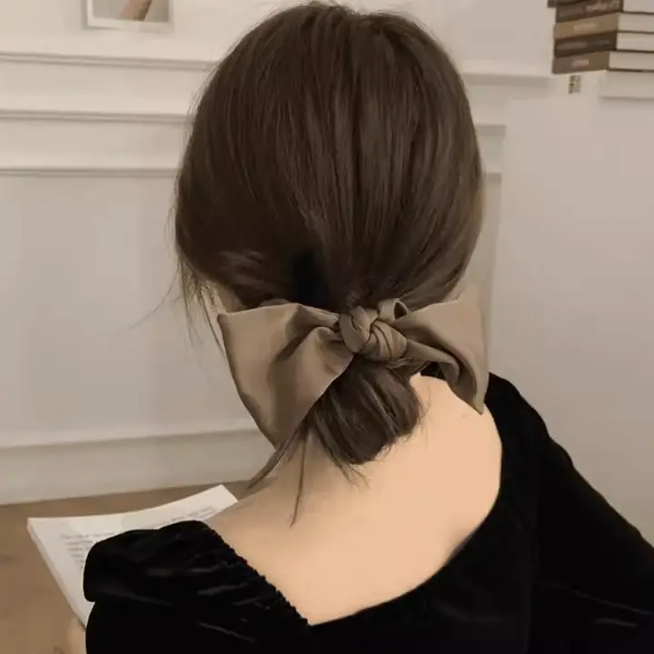 Summer Black Bow Satin Hair Ring for Women