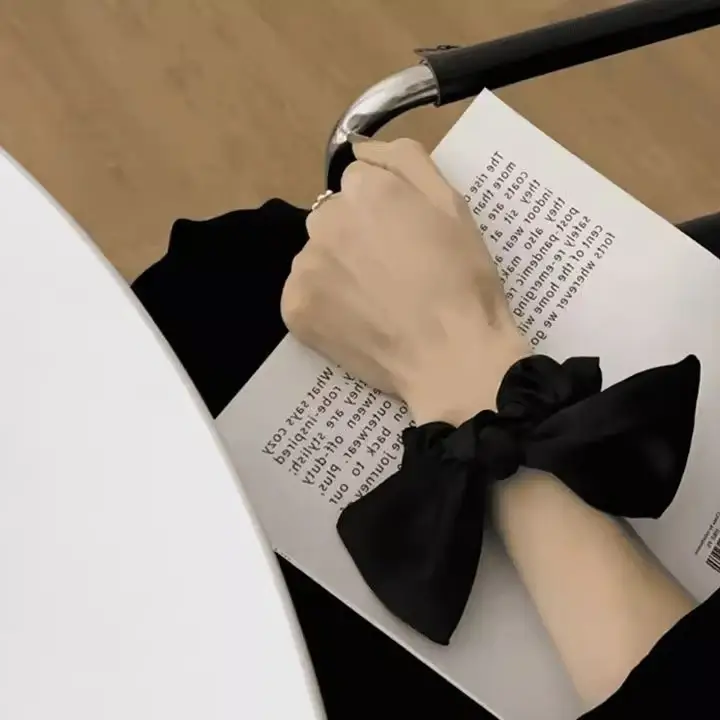 Summer Black Bow Satin Hair Ring for Women