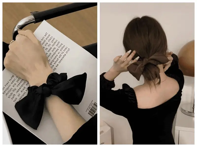Summer Black Bow Satin Hair Ring for Women