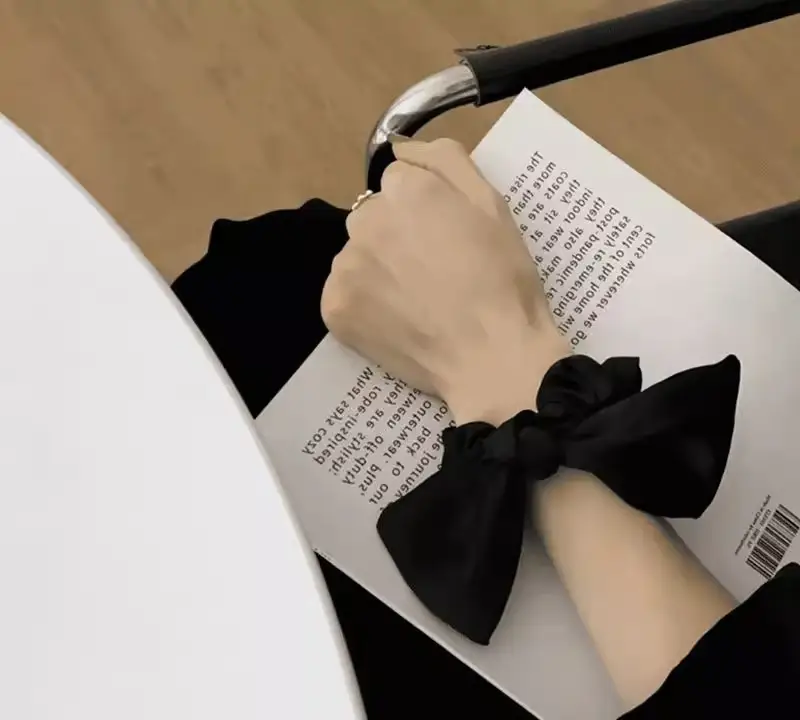 Summer Black Bow Satin Hair Ring for Women