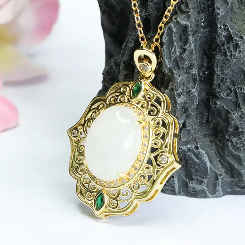 Guan Yu White Jade Pendant Necklace with Green Stones - Image 3
