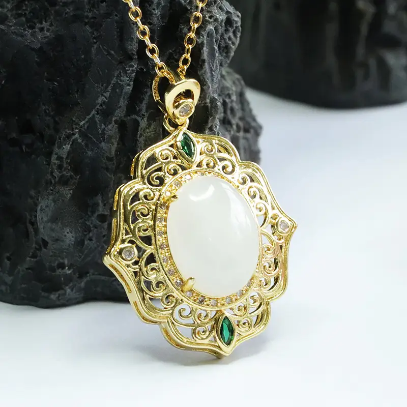 Guan Yu White Jade Pendant Necklace with Green Stones - Image 4