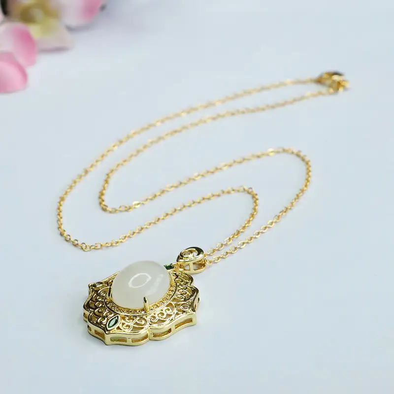 Guan Yu White Jade Pendant Necklace with Green Stones - Image 5