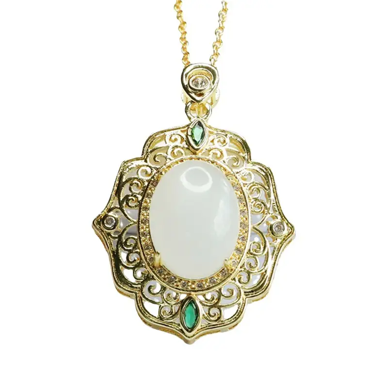 Guan Yu White Jade Pendant Necklace with Green Stones - Image 6