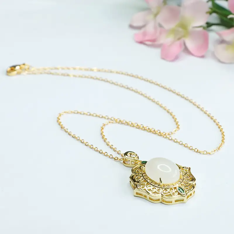 Guan Yu White Jade Pendant Necklace with Green Stones — feature 12