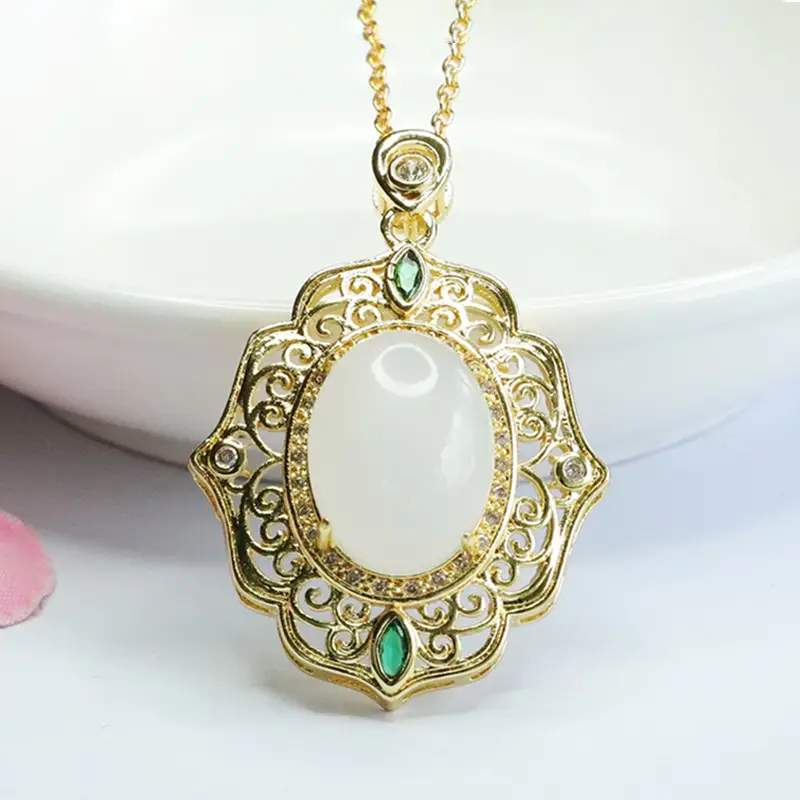 Guan Yu White Jade Pendant Necklace with Green Stones — feature 4