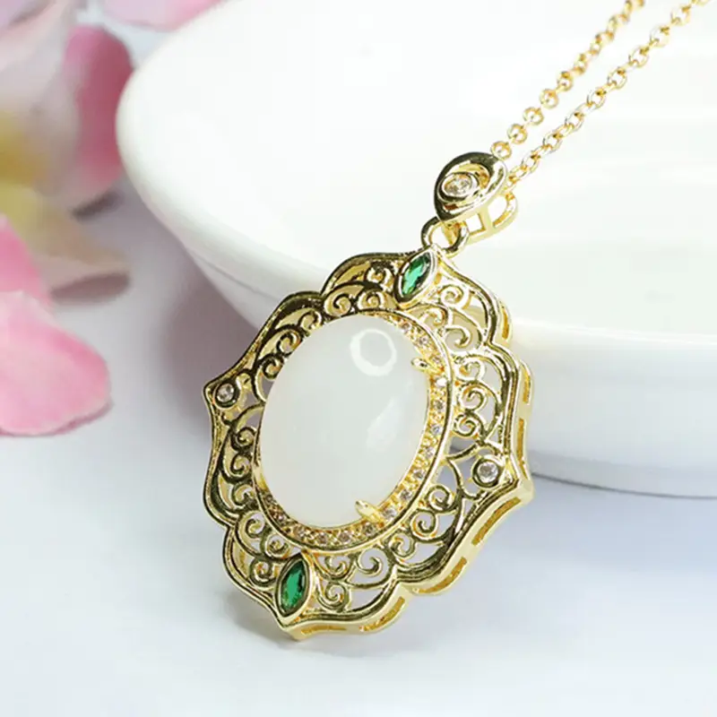 Guan Yu White Jade Pendant Necklace with Green Stones — feature 6