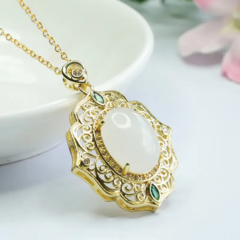 Guan Yu White Jade Pendant Necklace with Green Stones — feature 7