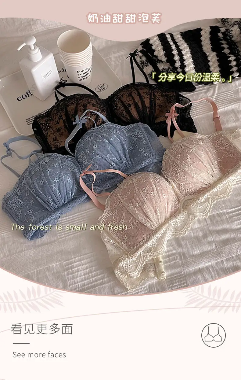 Jia Zhi pure French sexy lace medium thick palm Cup underwear women's small chest push up wedding red bra without steel ring — feature 2