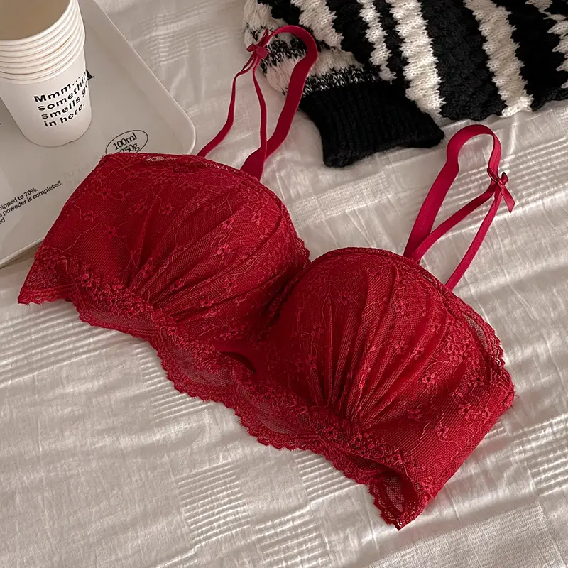 Jia Zhi pure French sexy lace medium thick palm Cup underwear women's small chest push up wedding red bra without steel ring