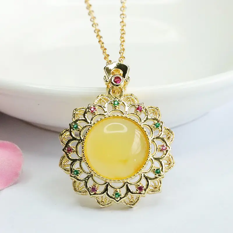 Golden Sunflower Pendant Necklace with Natural Amber Center - Image 2