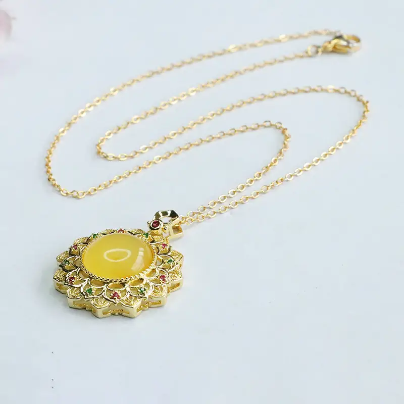 Golden Sunflower Pendant Necklace with Natural Amber Center - Image 6