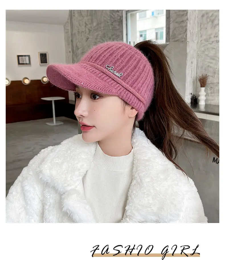 Women Knitted Wool Cap Pink Fleece Lined Winter Warm — feature 18
