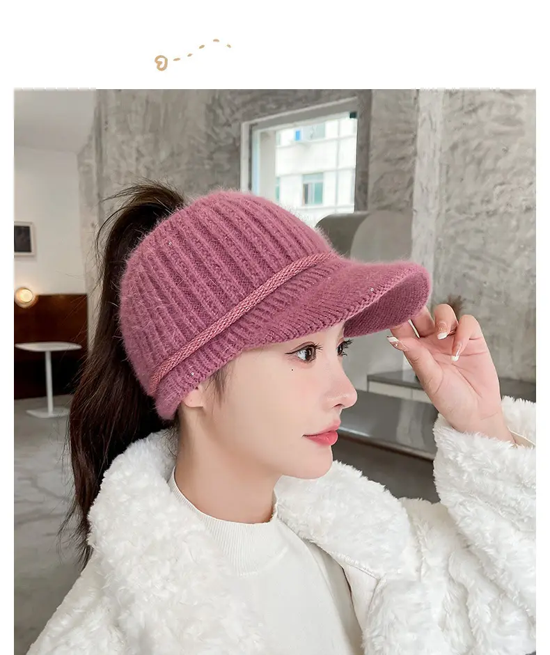 Women Knitted Wool Cap Pink Fleece Lined Winter Warm — feature 19