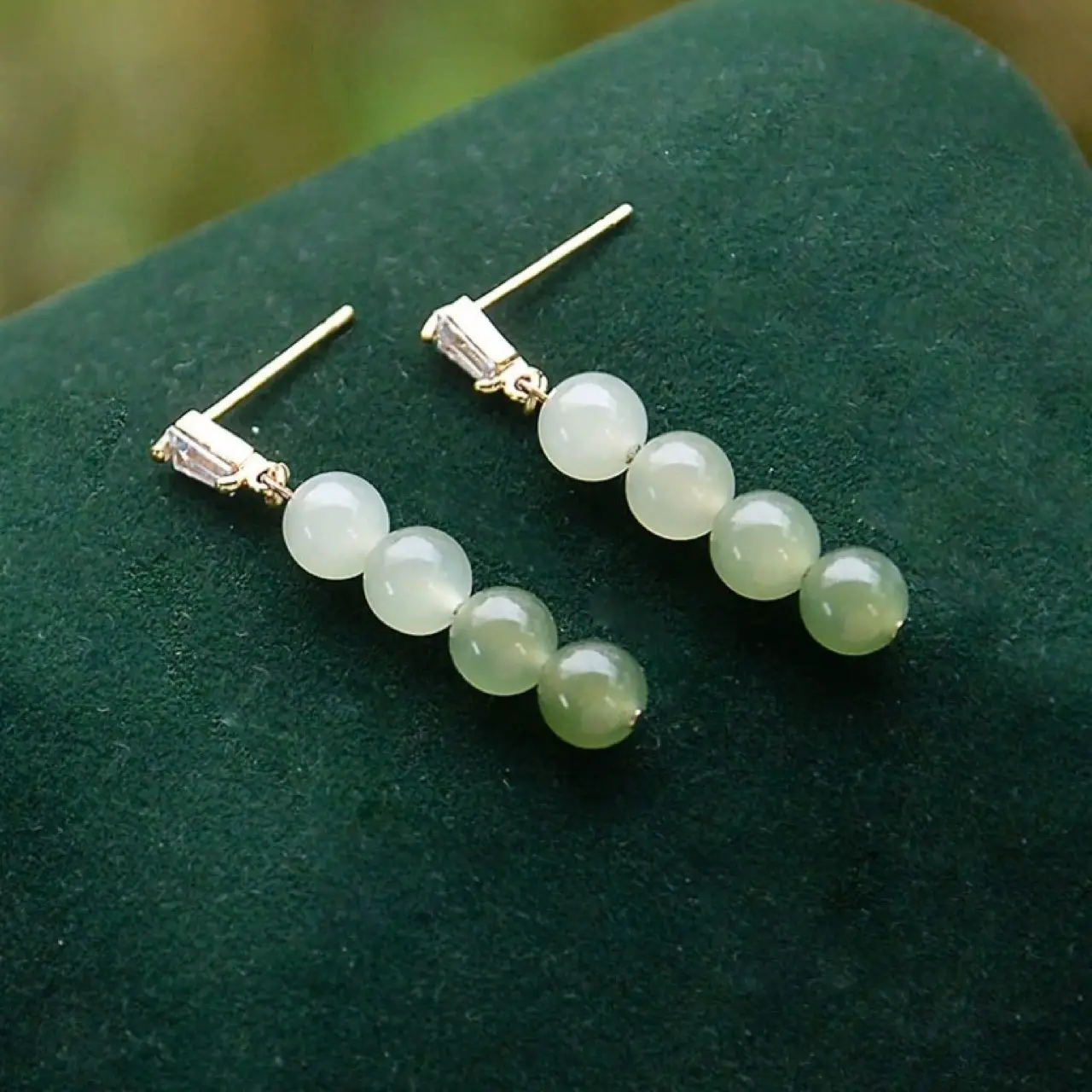 Women Earrings Green Jade Sapphire 14K Gold Dangle - Image 5