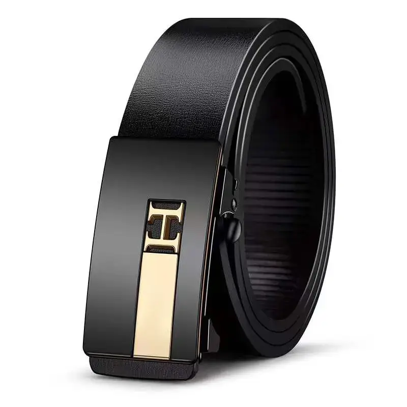 Men's Black Leather Belt with Gold H Buckle