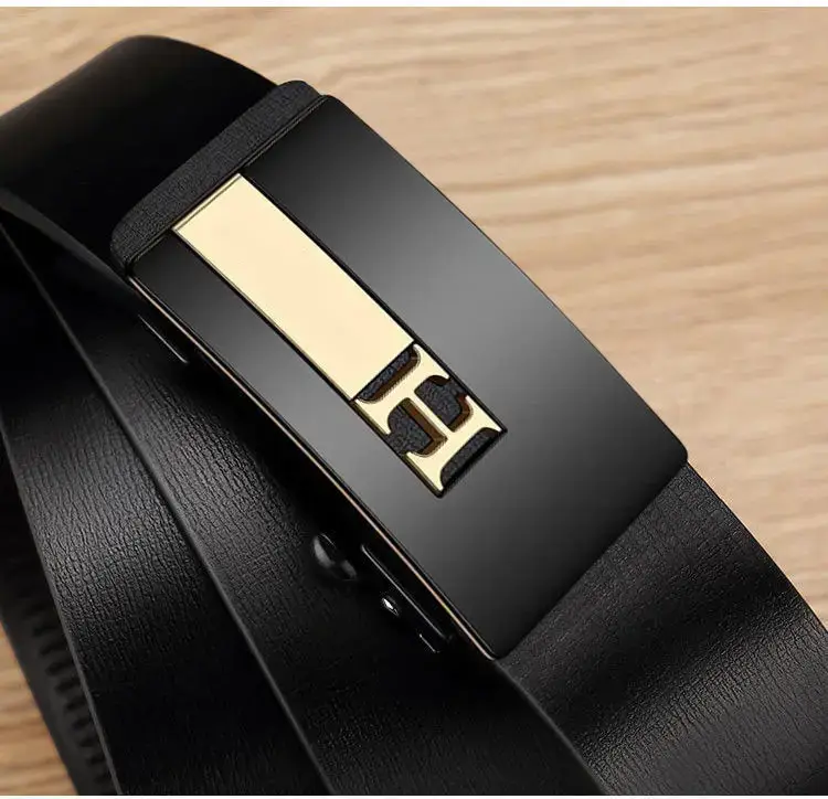 Men's Black Leather Belt with Gold H Buckle β feature 11
