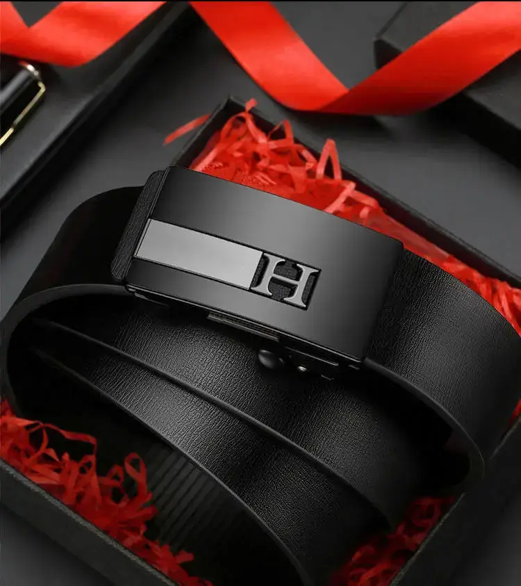 Men's Black Leather Belt with Gold H Buckle β feature 12