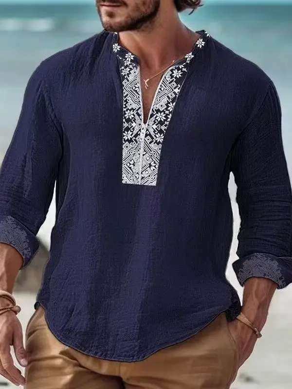 Men's Printed Long Sleeve Shirt with Cross Border Design
