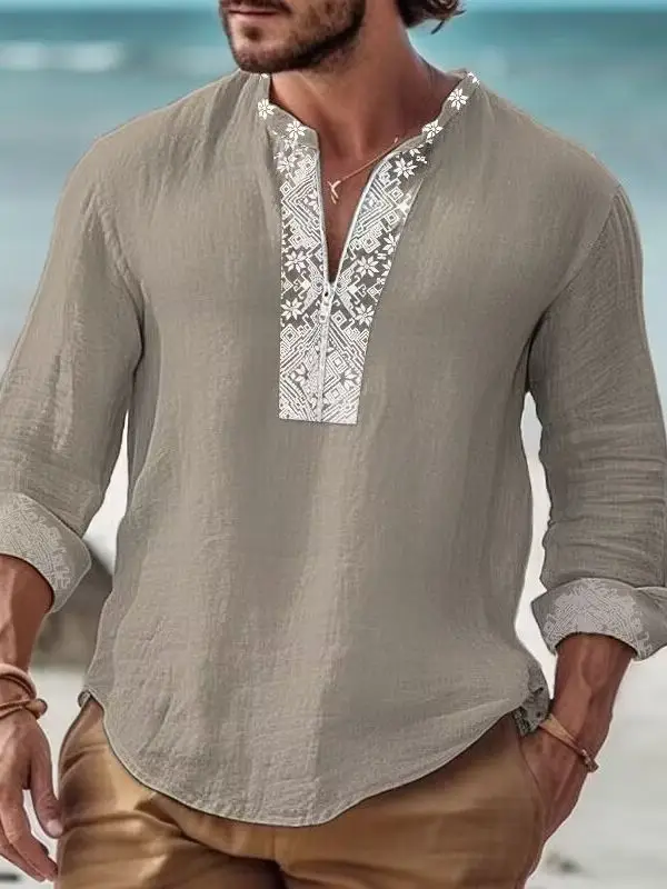 Men's Printed Long Sleeve Shirt with Cross Border Design