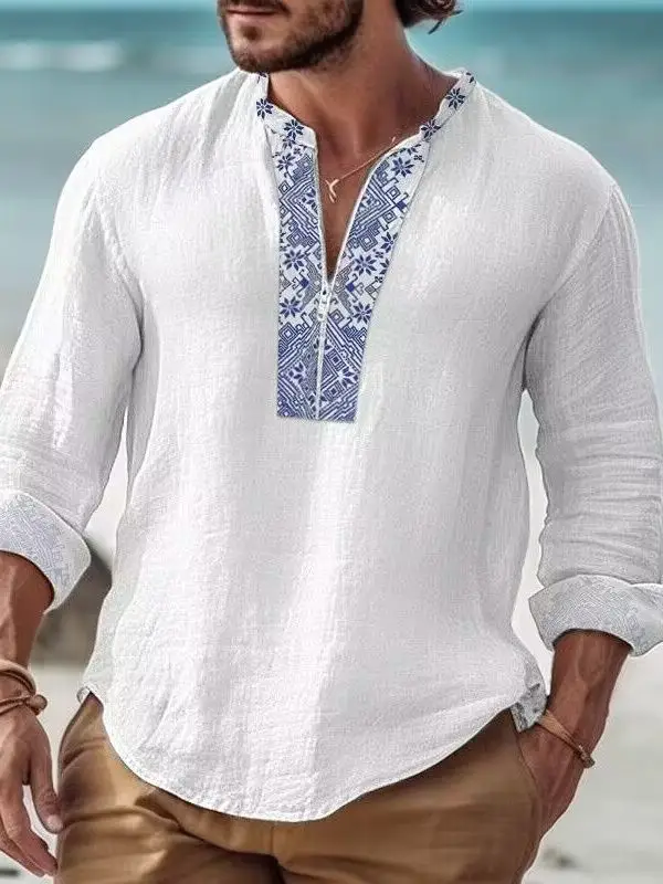 Men's Printed Long Sleeve Shirt with Cross Border Design
