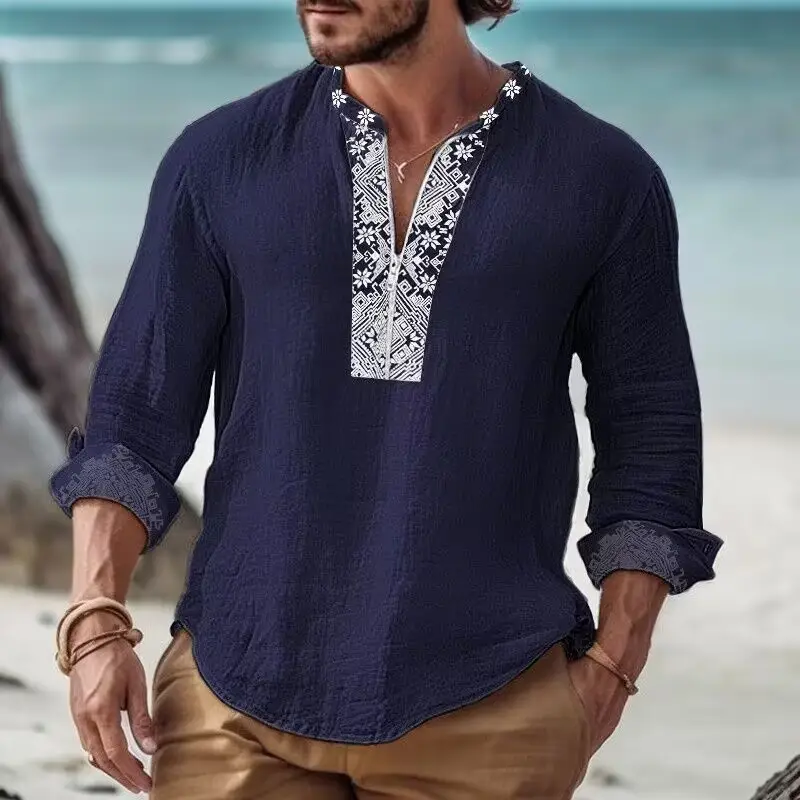 Men's Printed Long Sleeve Shirt with Cross Border Design — feature 3