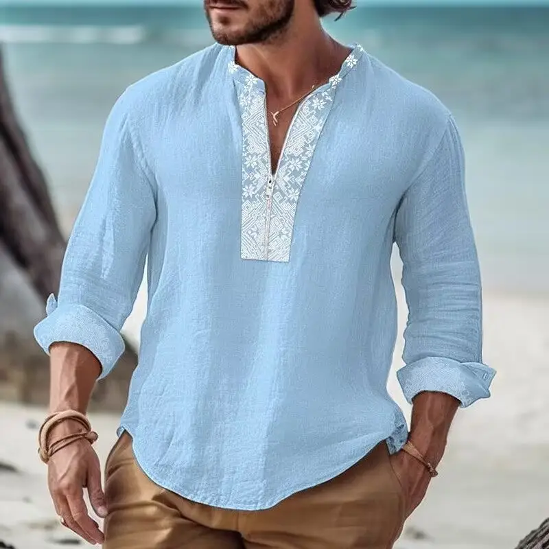 Men's Printed Long Sleeve Shirt with Cross Border Design