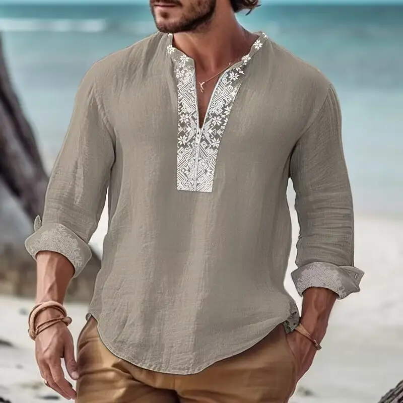 Men's Printed Long Sleeve Shirt with Cross Border Design