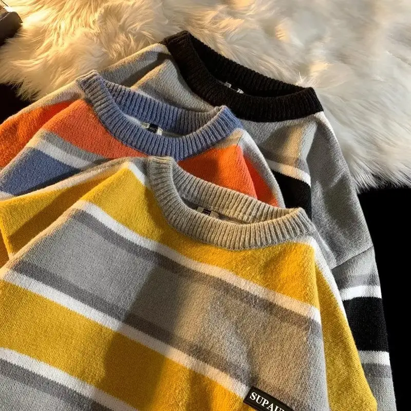 Men Striped Crewneck Sweater Autumn Winter Niche - Image 3