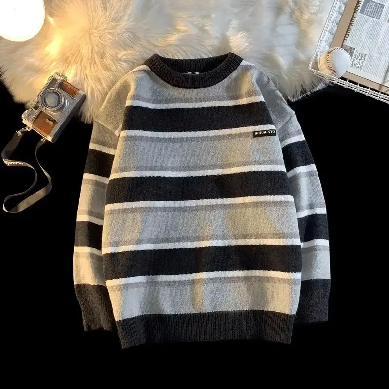 Men Striped Crewneck Sweater Autumn Winter Niche — feature 39