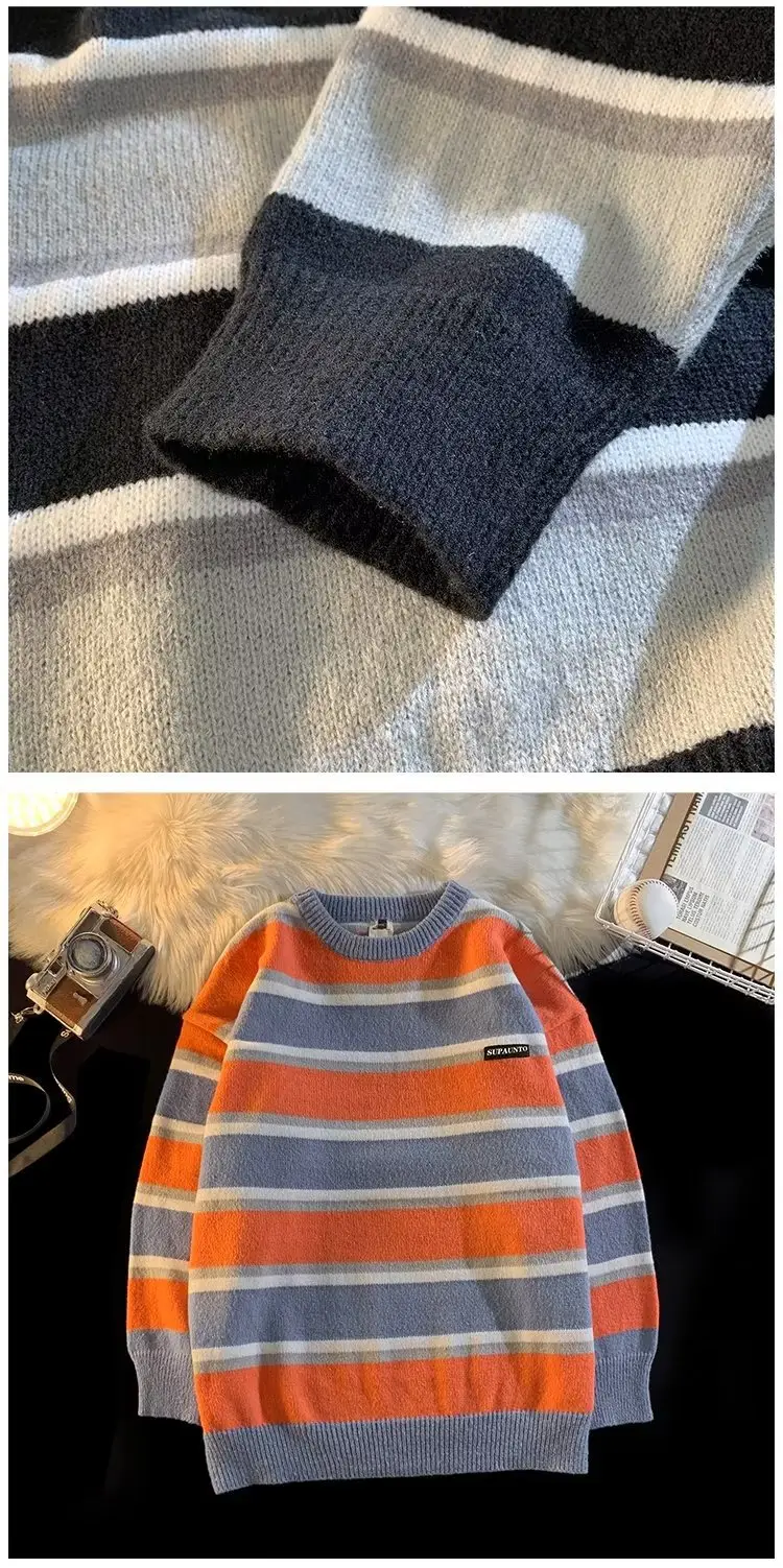 Men Striped Crewneck Sweater Autumn Winter Niche — feature 46