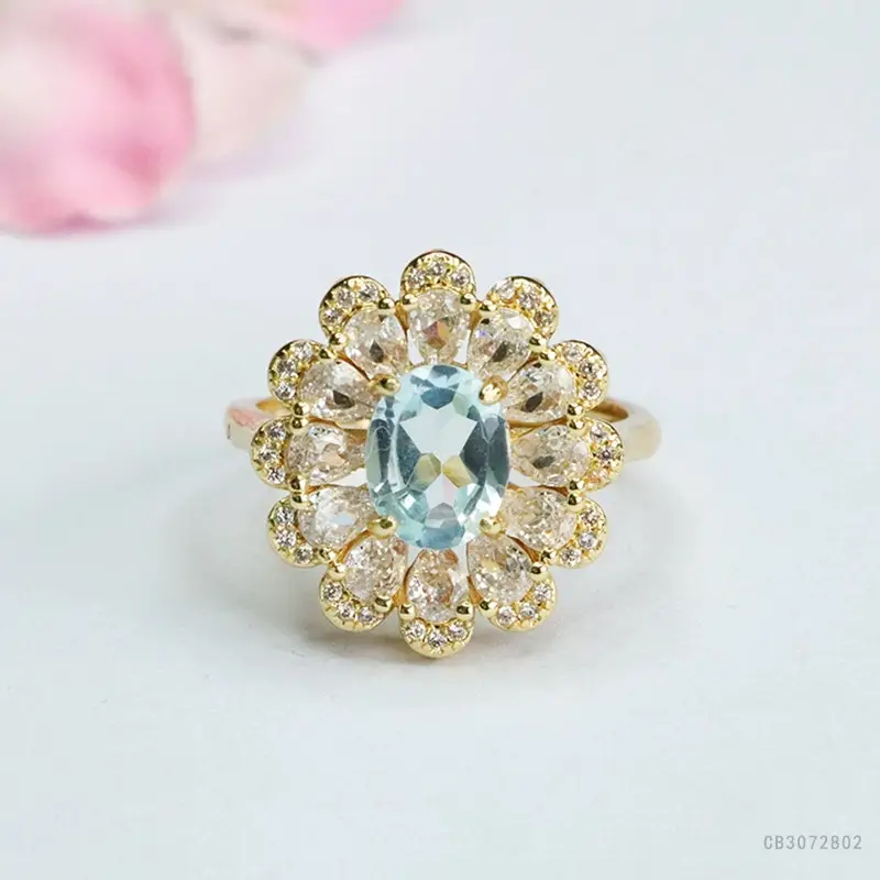 Guan Yu Blue Gemstone Ring with Floral Design - Image 2