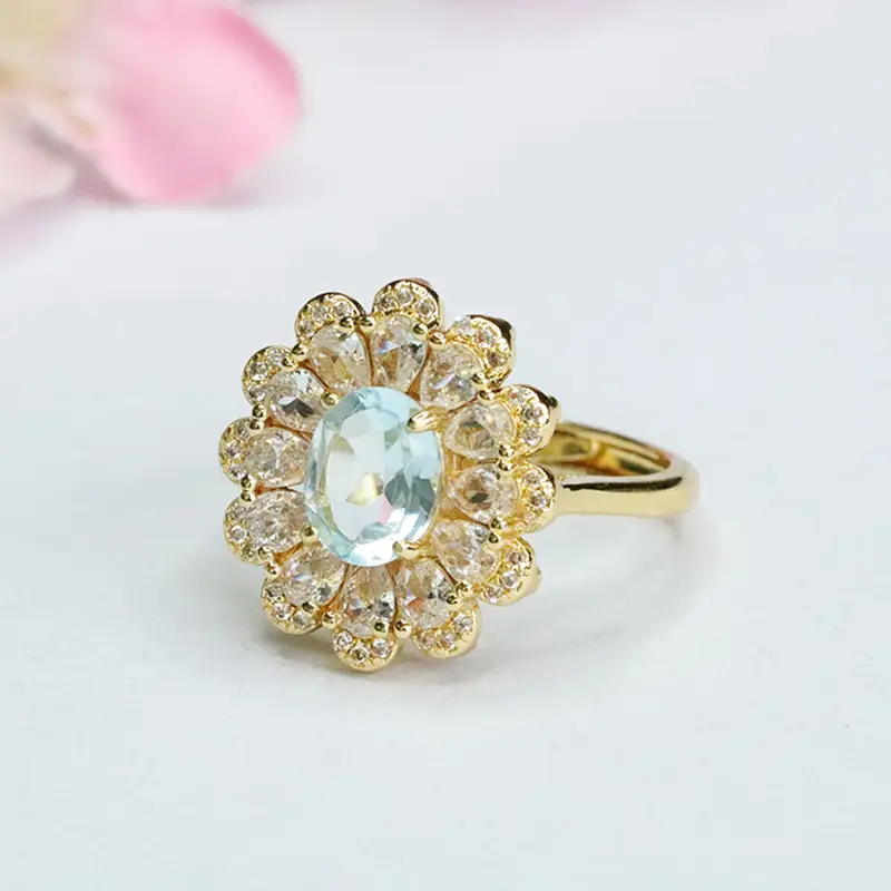Guan Yu Blue Gemstone Ring with Floral Design - Image 3