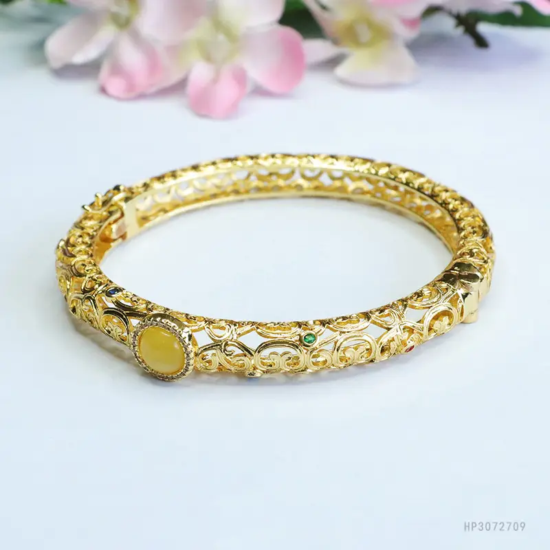 Gold Adjustable Vintage Amber Bracelet - Image 3