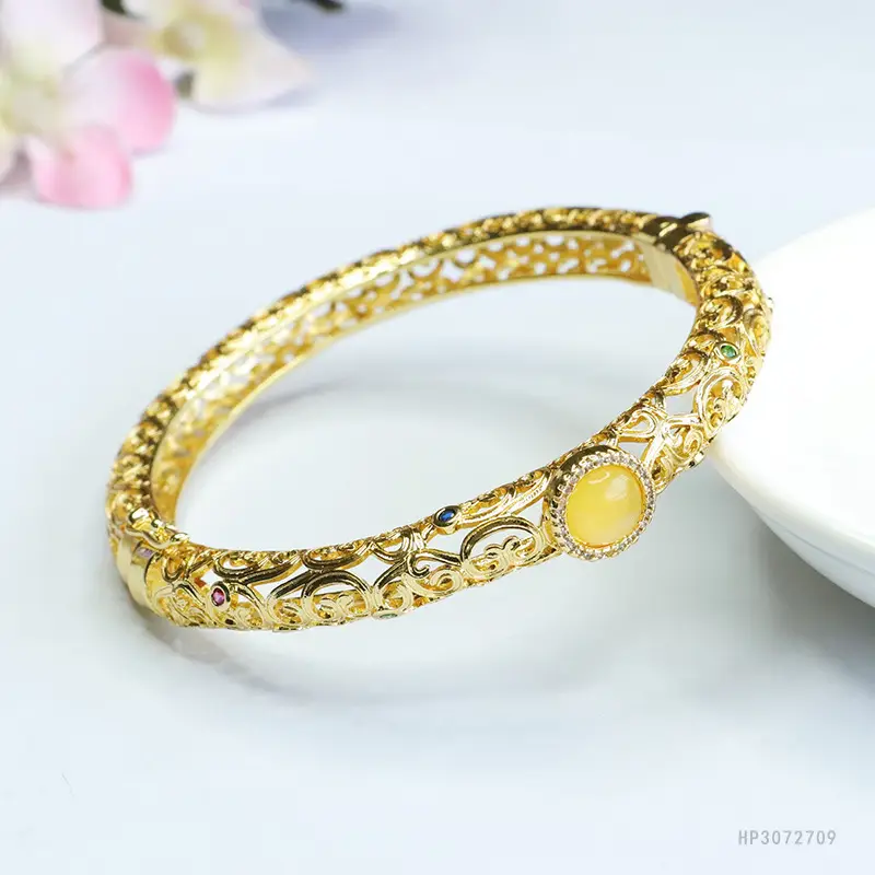 Gold Adjustable Vintage Amber Bracelet - Image 5