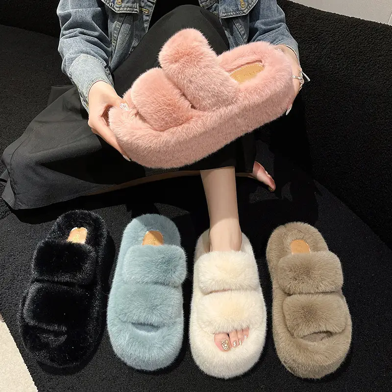 Foreign Trade 7cm Thick-Soled Furry Slippers for Women for Autumn and Winter Outer Wear 2025 New Flats-Soled One-Word Warm Cotton Slippers